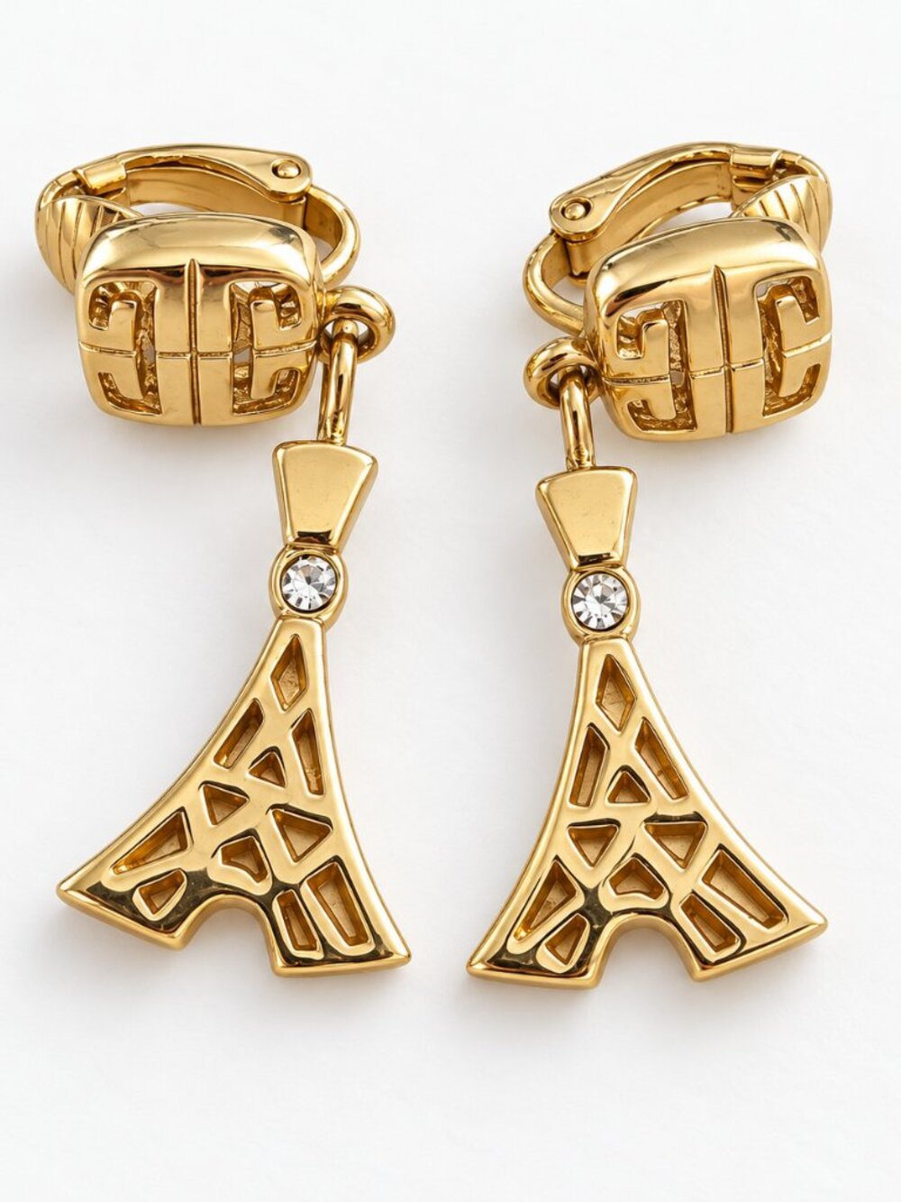 Vintage Givenchy Eiffel Tower Gold Tone Clip-On Earrings Rhinestone Paris
